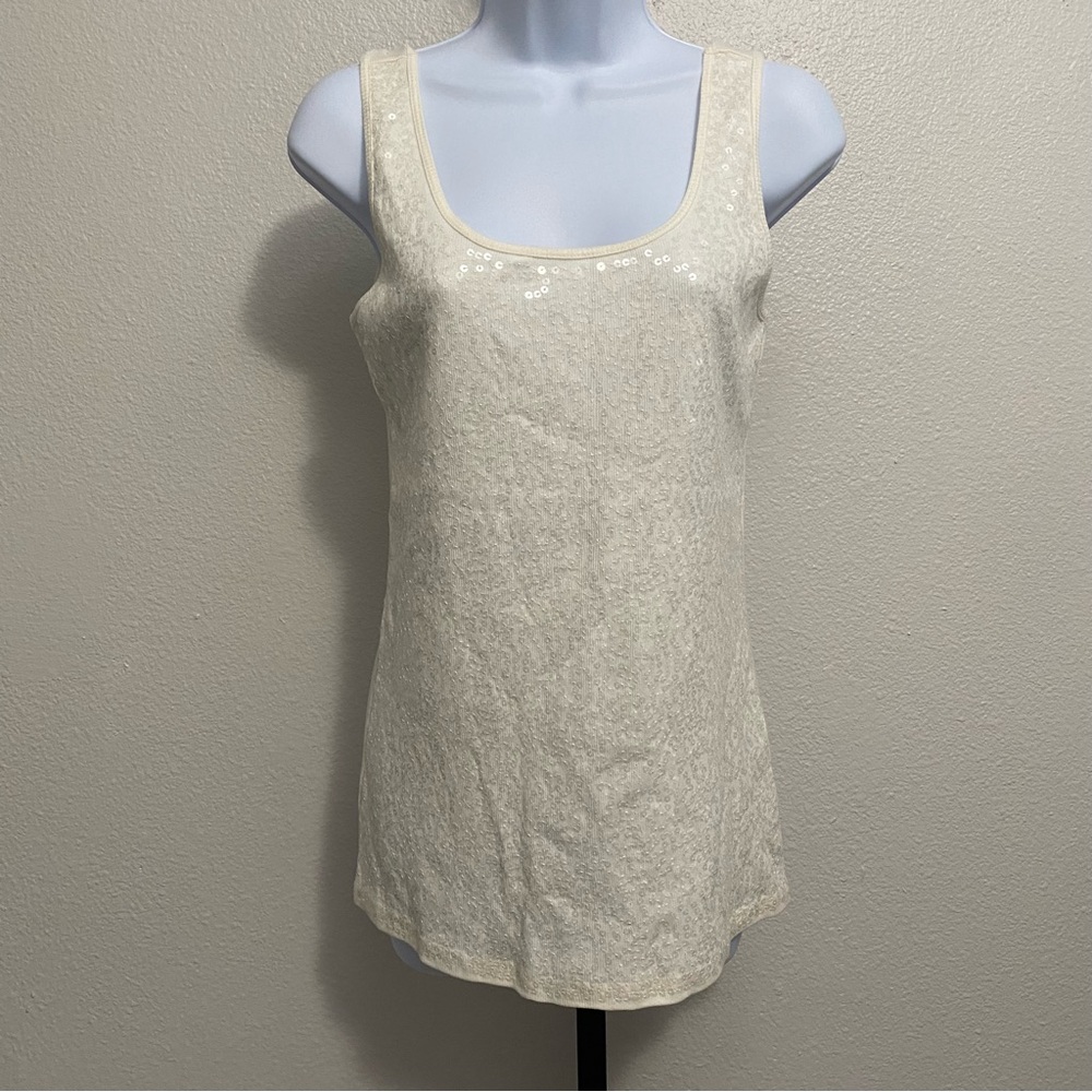 Vintage Sequin Cotton Tank Top Ivory Off White Large Y2K Party Casual Going Out